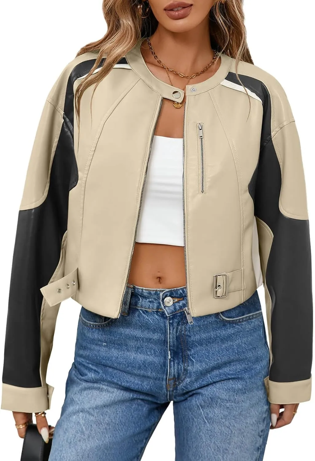 Tankaneo Womens Faux Leather Bomber Jackets Cropped Zip Up Color Block Fall Casual Moto Biker Coats