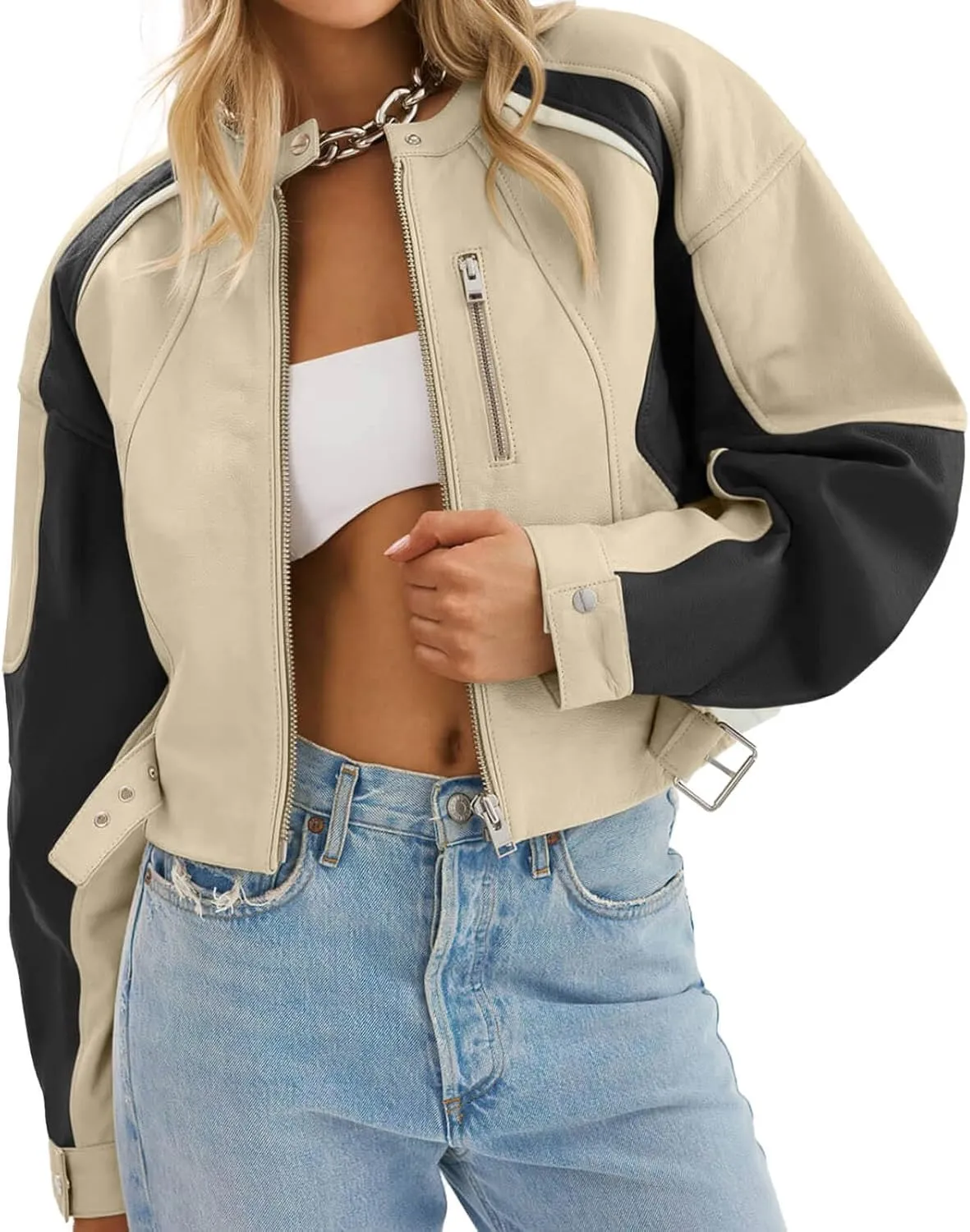 Tankaneo Womens Faux Leather Bomber Jackets Cropped Zip Up Color Block Fall Casual Moto Biker Coats