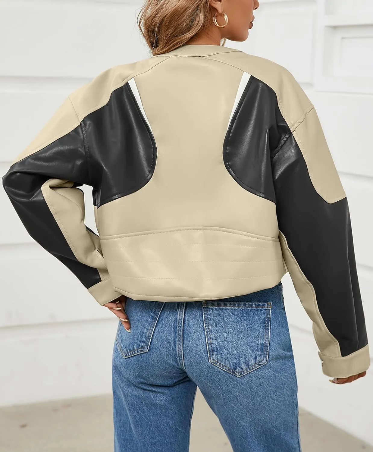 Tankaneo Womens Faux Leather Bomber Jackets Cropped Zip Up Color Block Fall Casual Moto Biker Coats