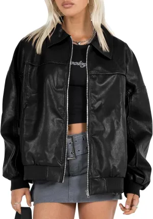 Tankaneo Womens Faux Leather Jackets Oversized Bomber Casual Fall Fashion Zip Up Moto Biker Coats