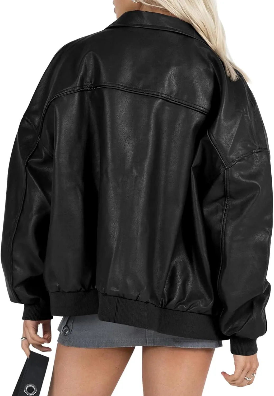 Tankaneo Womens Faux Leather Jackets Oversized Bomber Casual Fall Fashion Zip Up Moto Biker Coats