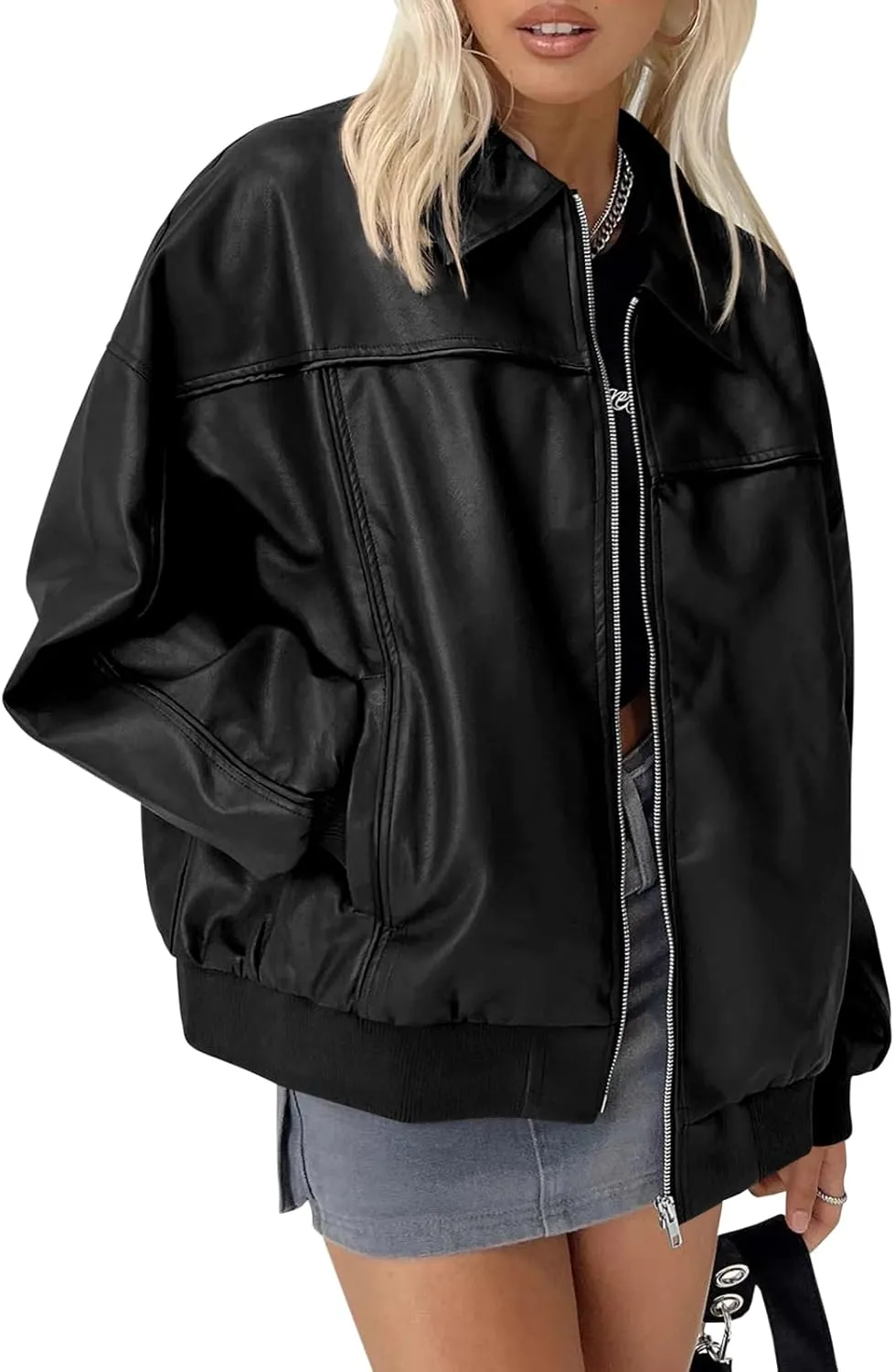 Tankaneo Womens Faux Leather Jackets Oversized Bomber Casual Fall Fashion Zip Up Moto Biker Coats