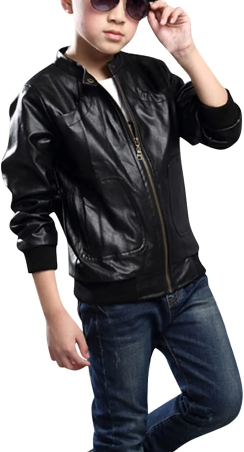 Toddler Kids Little Boys Long Sleeve Faux Leather Zipper Jacket Spring Autumn Boys Winter Jacket