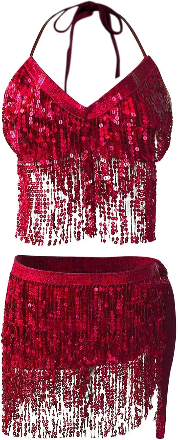 Two Piece Outfits Womens Fringe Sequin Tank Crop Top Sexy Mini Tassel Skirt Dance Dress Night Out Clubwear