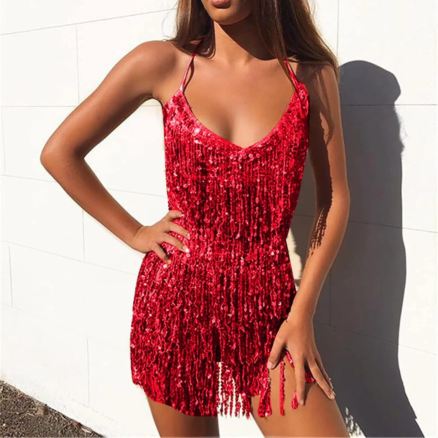 Two Piece Outfits Womens Fringe Sequin Tank Crop Top Sexy Mini Tassel Skirt Dance Dress Night Out Clubwear