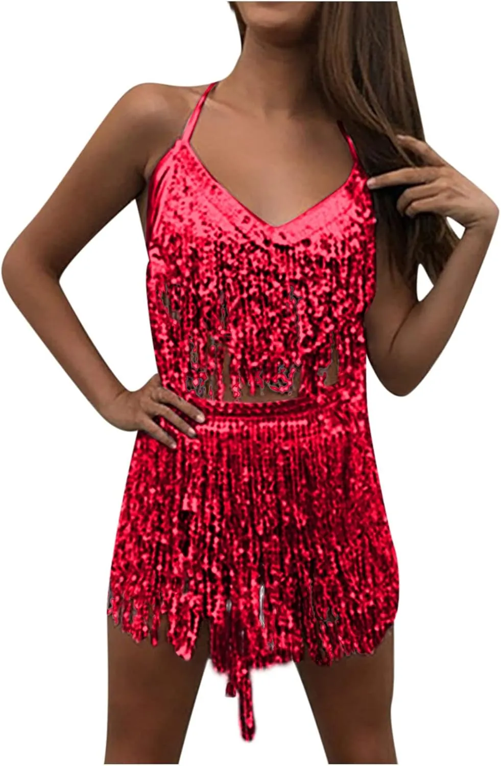 Two Piece Outfits Womens Fringe Sequin Tank Crop Top Sexy Mini Tassel Skirt Dance Dress Night Out Clubwear