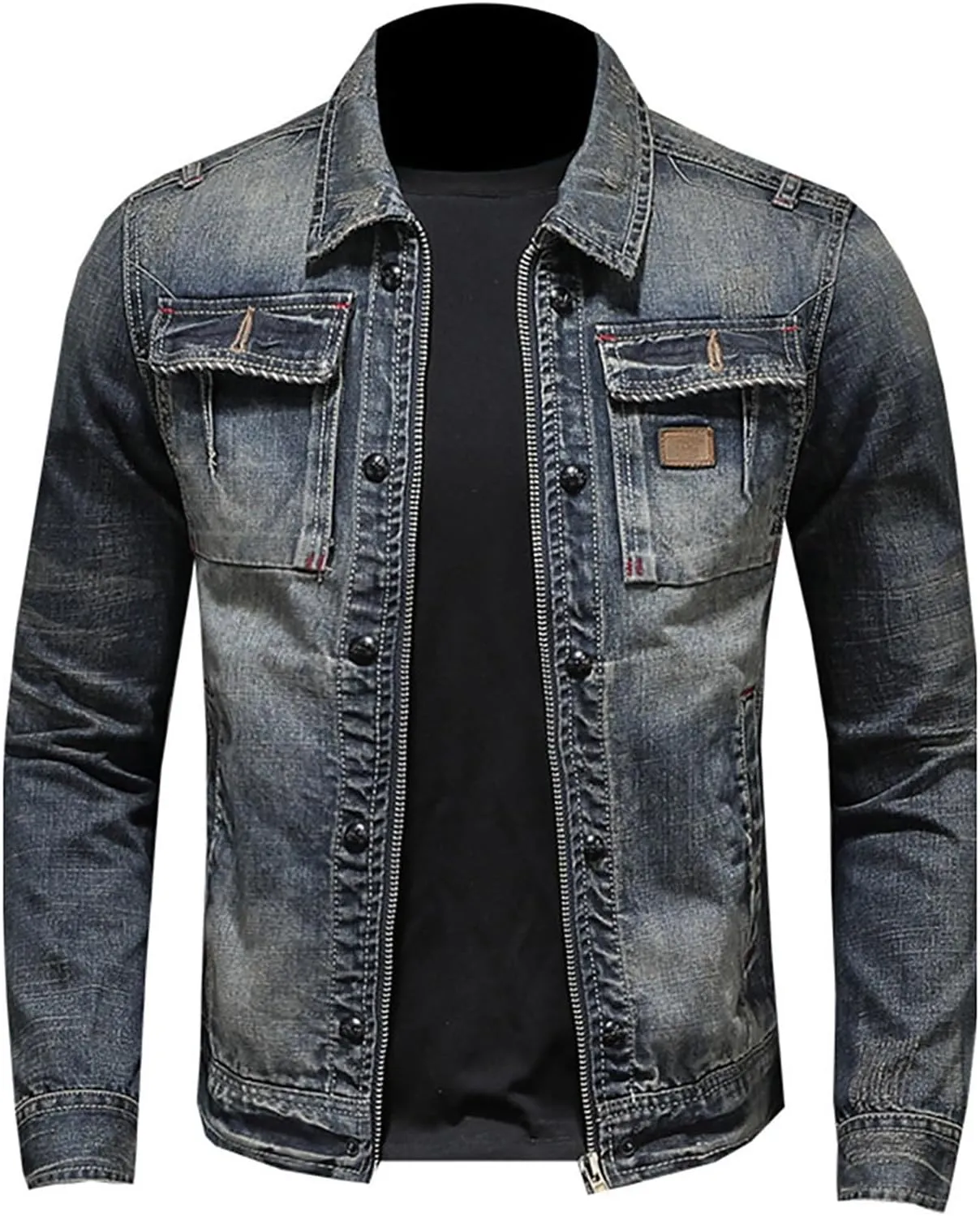 Uillui Men's Distressed Slim Denim Jacket Motorcycle Vintage Slim Fit Zipper Up Biker Jean Rider Jacket Casual Lightweight