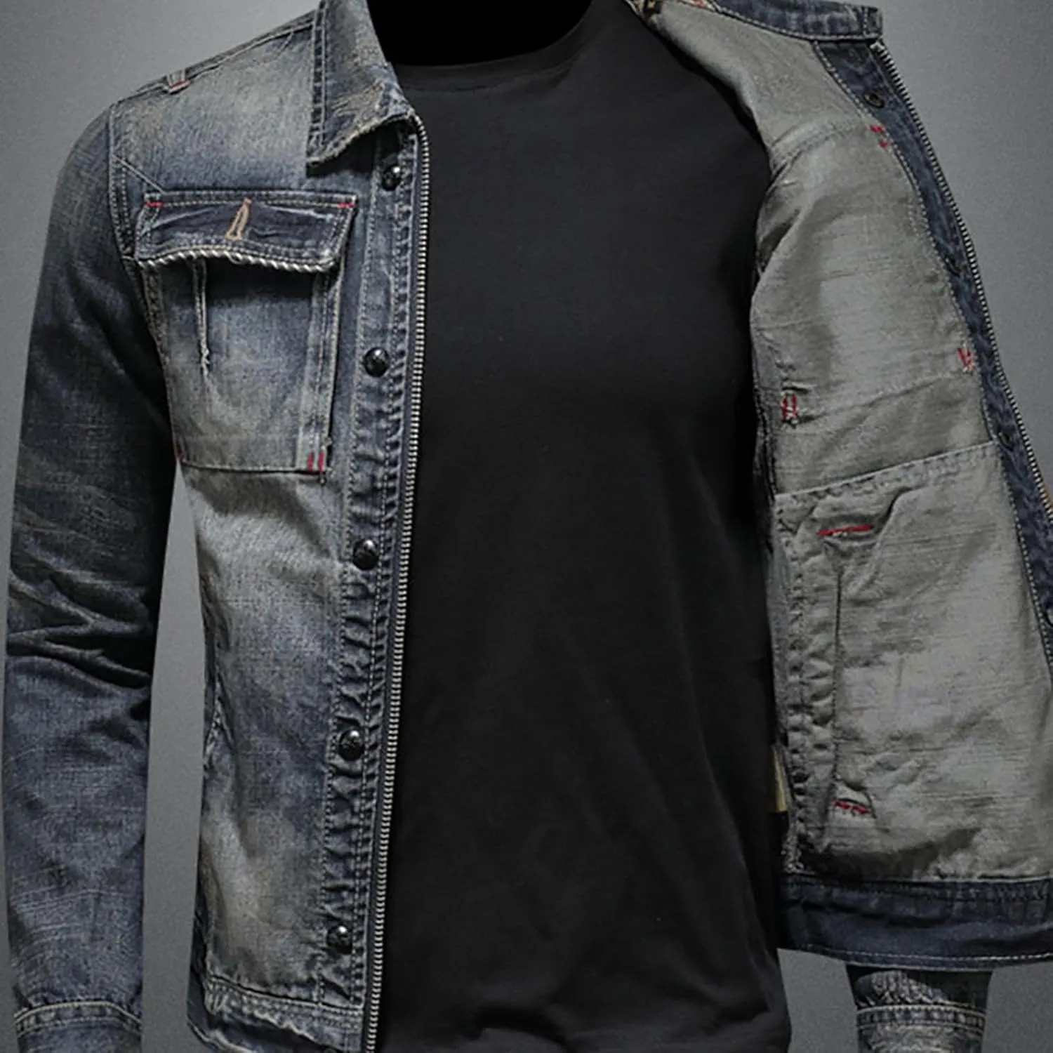 Uillui Men's Distressed Slim Denim Jacket Motorcycle Vintage Slim Fit Zipper Up Biker Jean Rider Jacket Casual Lightweight