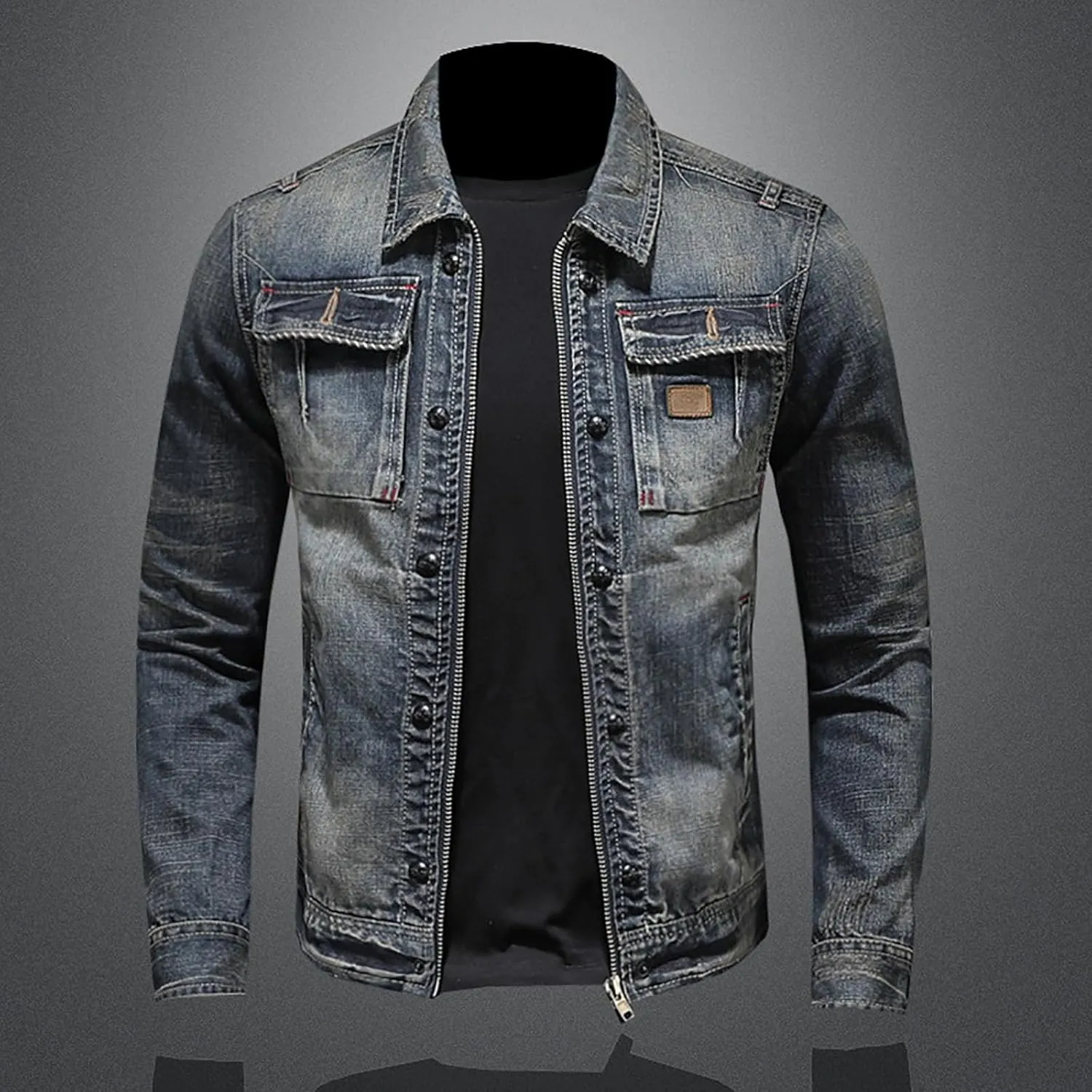 Uillui Men's Distressed Slim Denim Jacket Motorcycle Vintage Slim Fit Zipper Up Biker Jean Rider Jacket Casual Lightweight