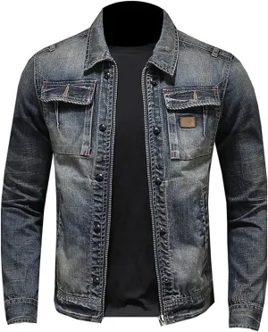 Uillui Men's Distressed Slim Denim Jacket Motorcycle Vintage Slim Fit Zipper Up Biker Jean Rider Jacket Casual Lightweight