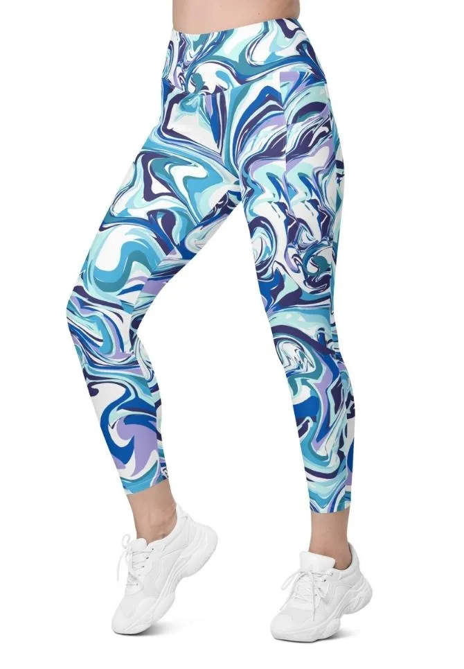 Vibrant Blue Marble Leggings With Pockets