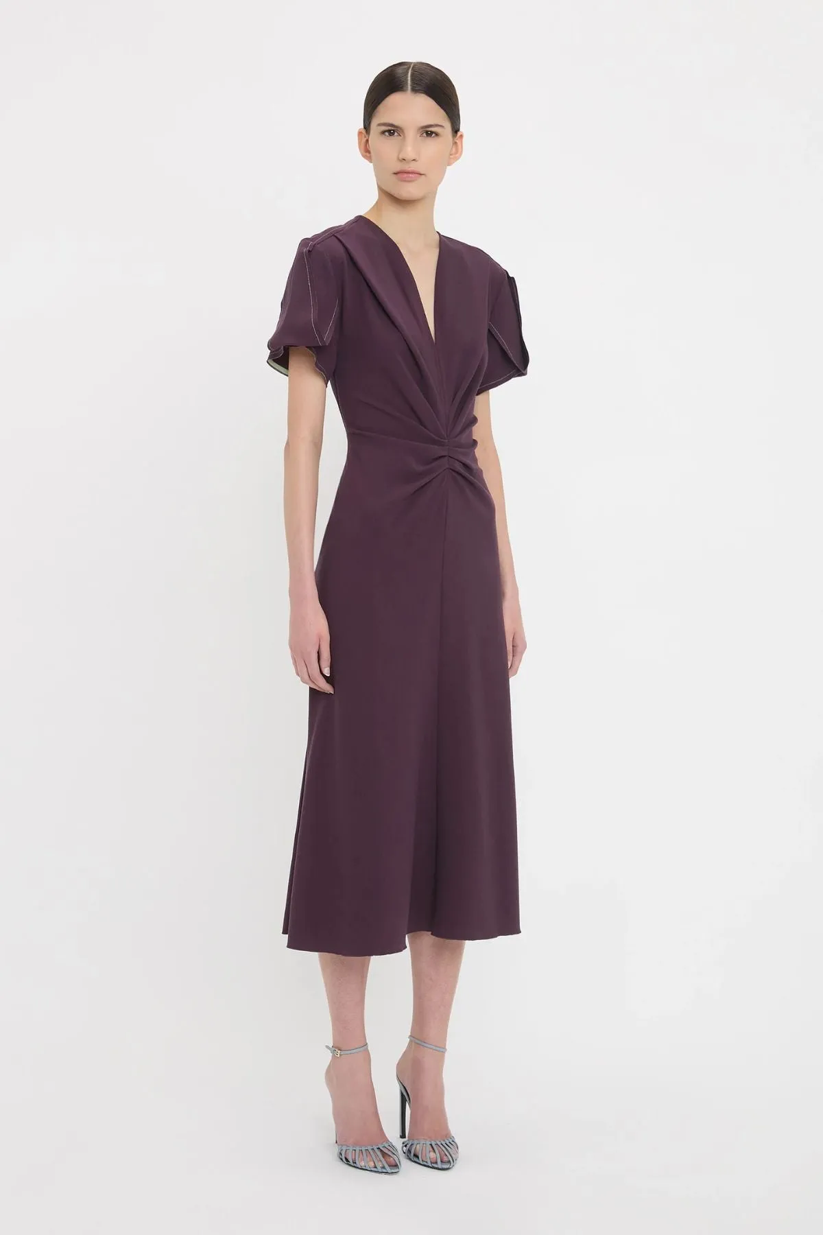 Victoria Beckham Gathered V-Neck Midi Dress - Fig