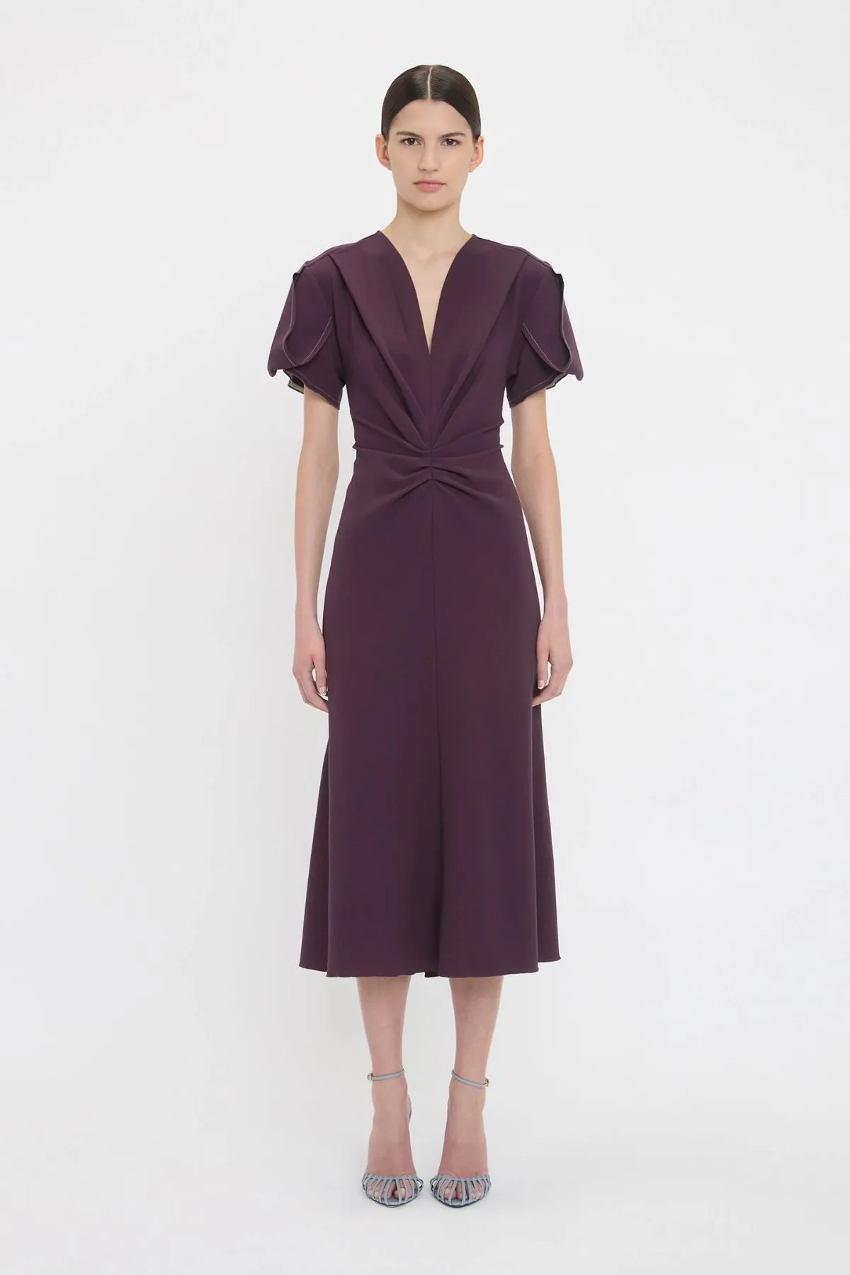 Victoria Beckham Gathered V-Neck Midi Dress - Fig