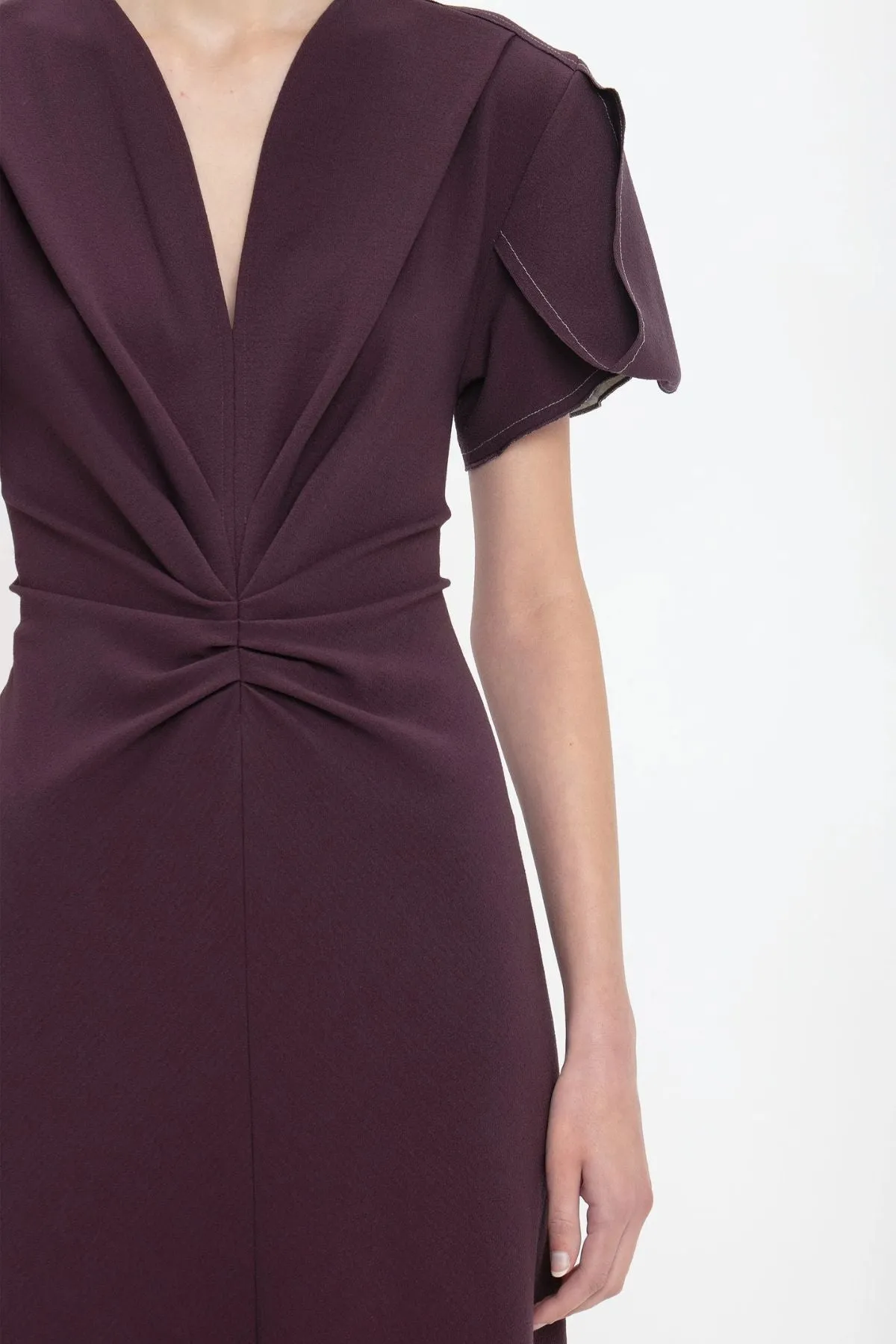 Victoria Beckham Gathered V-Neck Midi Dress - Fig
