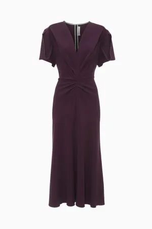 Victoria Beckham Gathered V-Neck Midi Dress - Fig