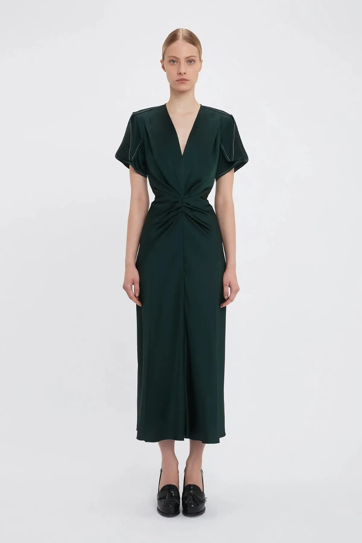 Victoria Beckham Gathered V-Neck Midi Dress - Seaweed