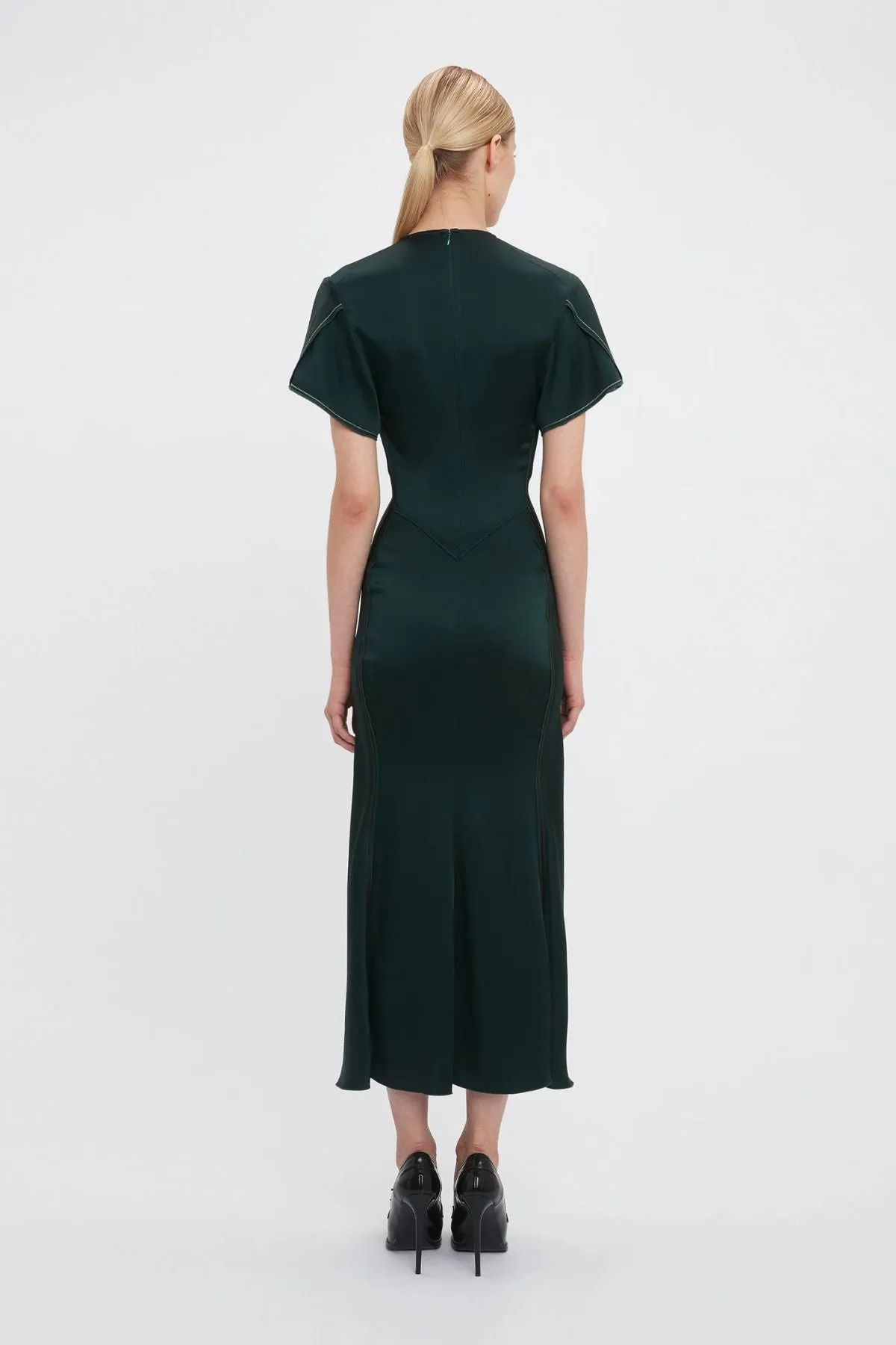 Victoria Beckham Gathered V-Neck Midi Dress - Seaweed