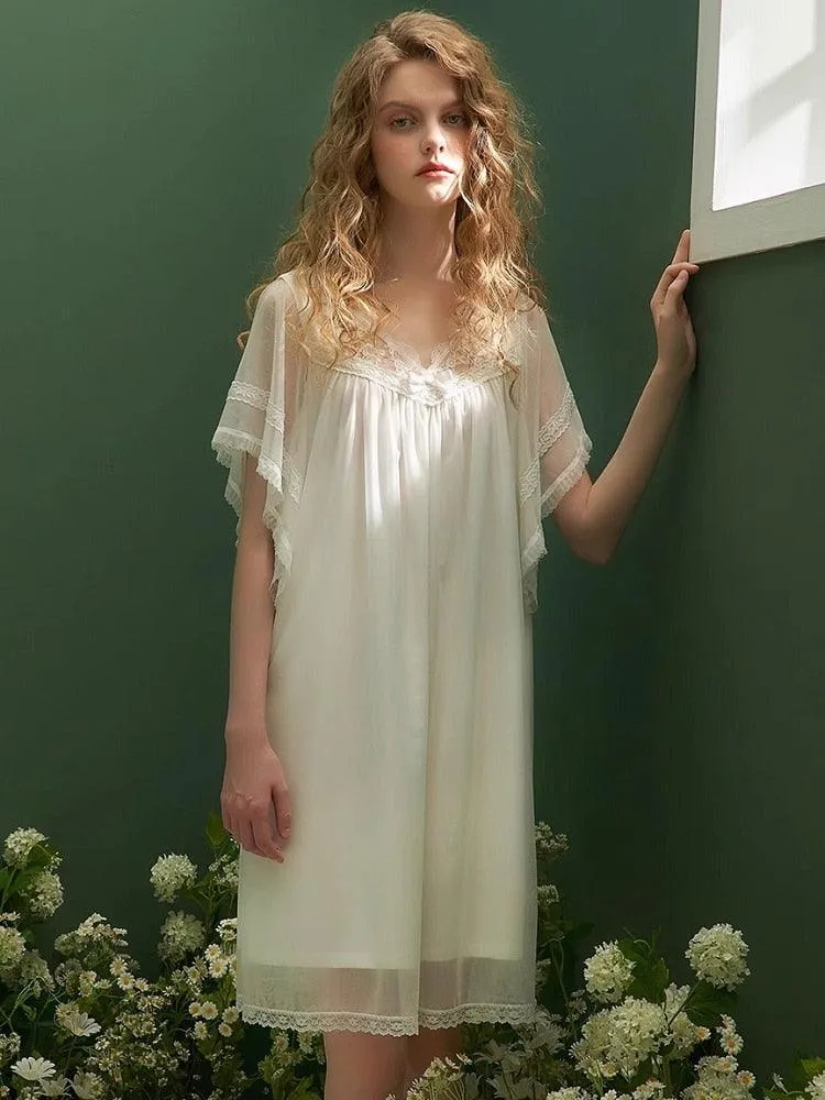 Vintage Gauze V- neck Short Sleeve Nightgown, Summer Lace Embroidery Loose Night Dress