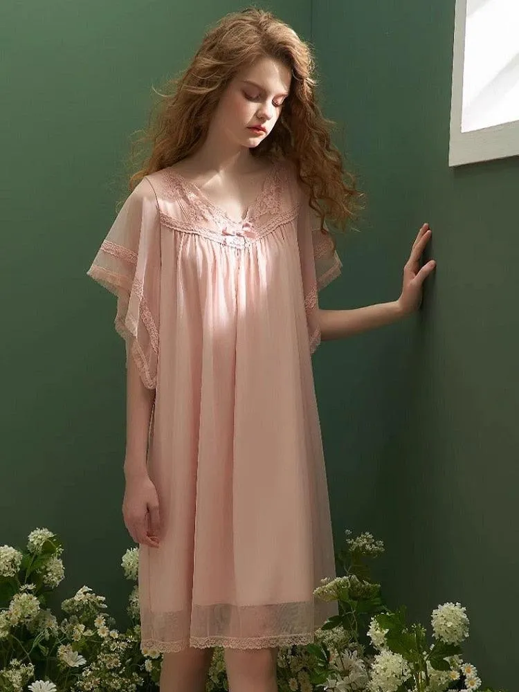 Vintage Gauze V- neck Short Sleeve Nightgown, Summer Lace Embroidery Loose Night Dress