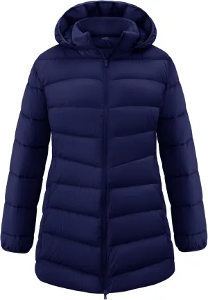wantdo Women's Plus Size Lightweight Winter Coat Warm Long Puffer Coats with Removable Hood