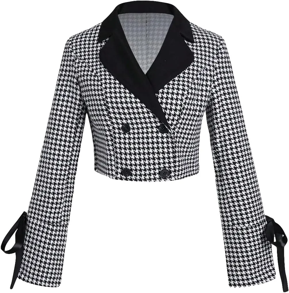 WDIRARA Women's Houndstooth Printed Knot Front Double Breasted Long Sleeve Casual Crop Blazers