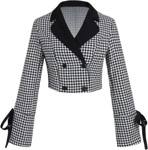 WDIRARA Women's Houndstooth Printed Knot Front Double Breasted Long Sleeve Casual Crop Blazers