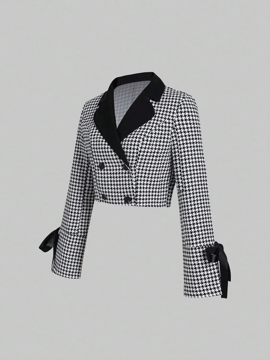 WDIRARA Women's Houndstooth Printed Knot Front Double Breasted Long Sleeve Casual Crop Blazers