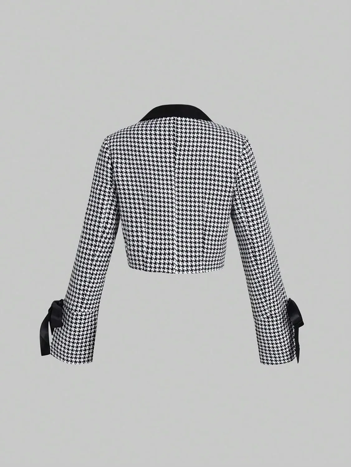 WDIRARA Women's Houndstooth Printed Knot Front Double Breasted Long Sleeve Casual Crop Blazers