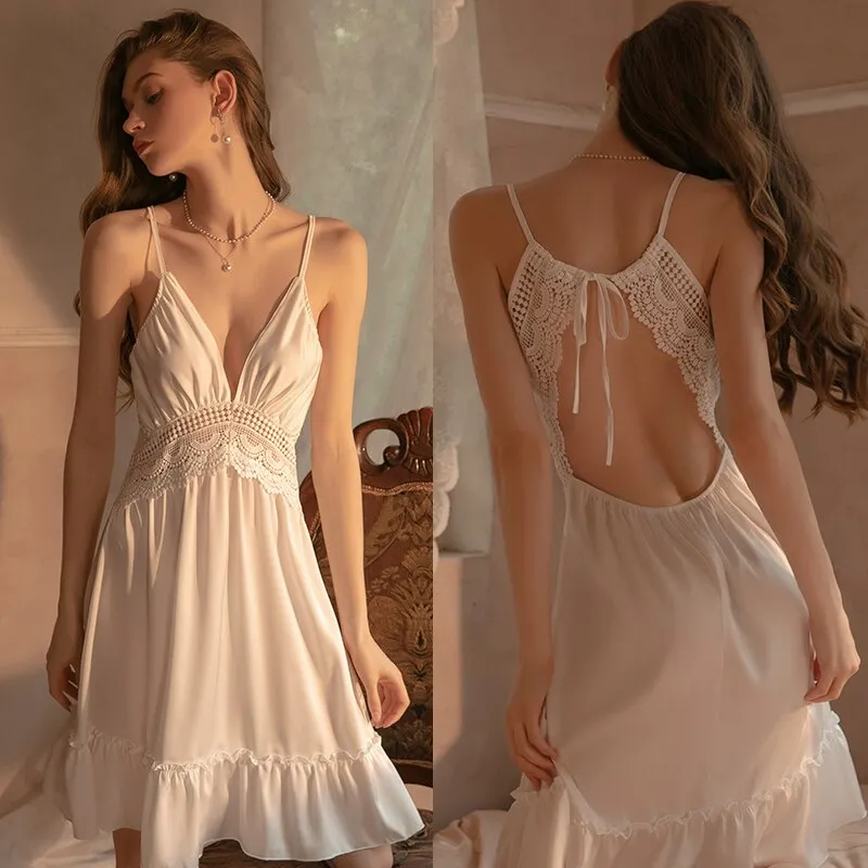 wenkouban Sexy Dress for Sex Night Women Night Gowns Satin Victorian Dress Sleepwear Nightgown Lounge Set Lace Lingerie Camisolas Summer