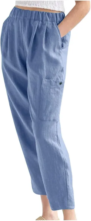Wide Leg Linen Pant for Women Loose High Waisted Linen Pants Comfy Flowy Long Trousers Summer Vacation Beach Slacks