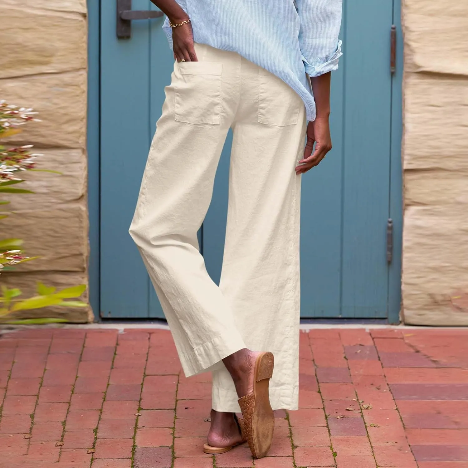 Wide Leg Linen Pants for Women Casual Summer High Waisted Work Cropped Pants Loose Business Trouser