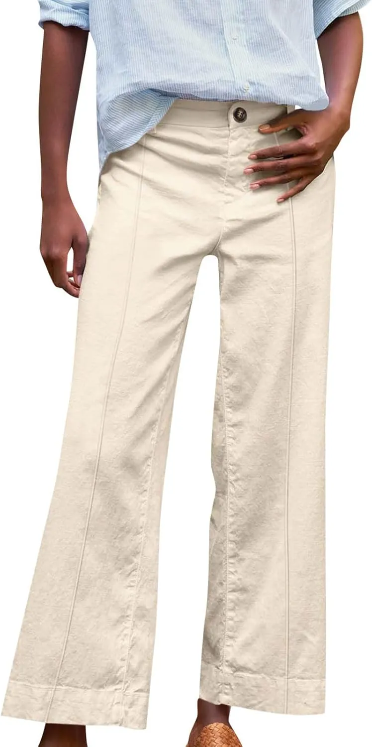 Wide Leg Linen Pants for Women Casual Summer High Waisted Work Cropped Pants Loose Business Trouser