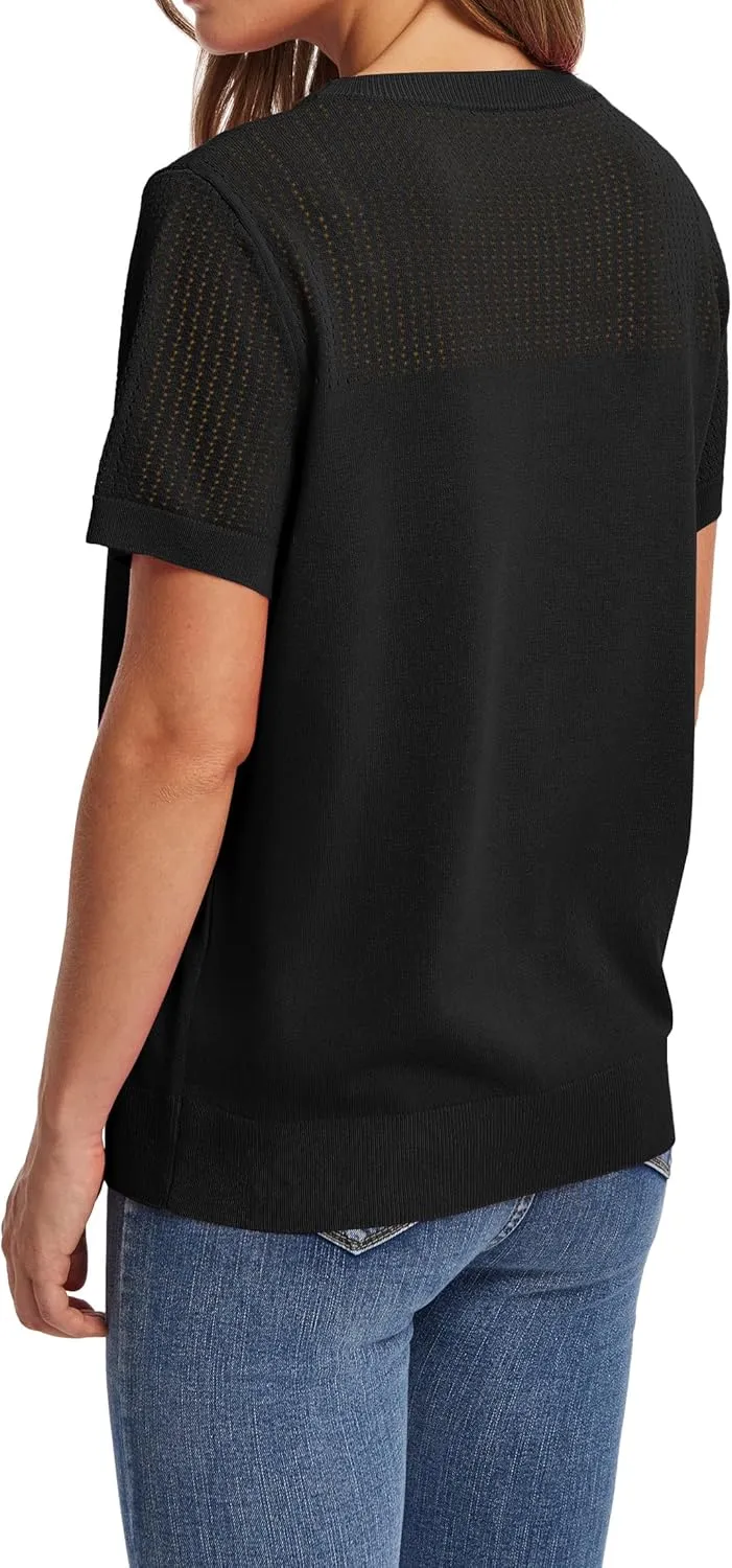 WIHOLL Womens Short Sleeve Sweater 2025 Spring Summer Tops Pointelle Knit Business Casual Outfits Work Blouses Clothes