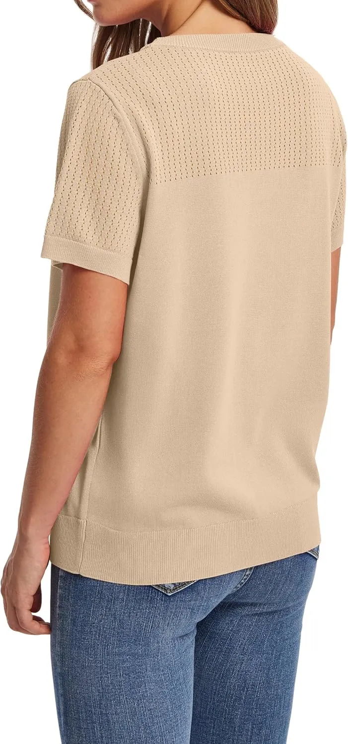 WIHOLL Womens Short Sleeve Sweater 2025 Spring Summer Tops Pointelle Knit Business Casual Outfits Work Blouses Clothes