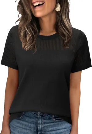 WIHOLL Womens Short Sleeve Sweater 2025 Spring Summer Tops Pointelle Knit Business Casual Outfits Work Blouses Clothes