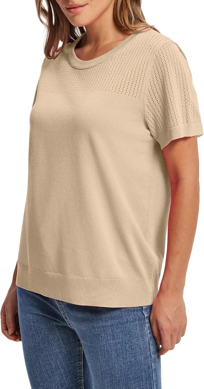 WIHOLL Womens Short Sleeve Sweater 2025 Spring Summer Tops Pointelle Knit Business Casual Outfits Work Blouses Clothes
