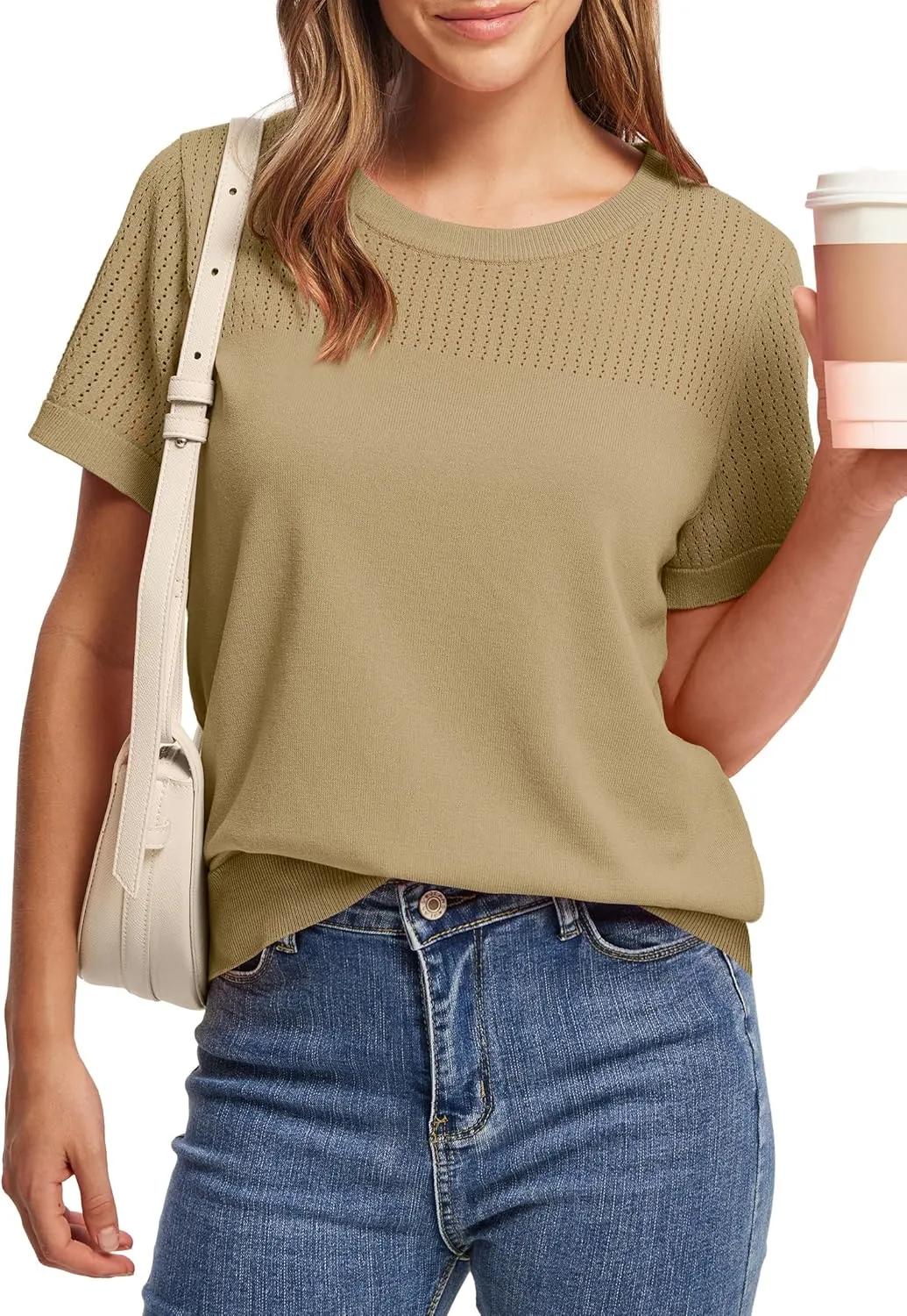 WIHOLL Womens Short Sleeve Sweater 2025 Spring Summer Tops Pointelle Knit Business Casual Outfits Work Blouses Clothes