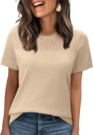 WIHOLL Womens Short Sleeve Sweater 2025 Spring Summer Tops Pointelle Knit Business Casual Outfits Work Blouses Clothes