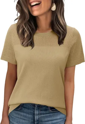 WIHOLL Womens Short Sleeve Sweater 2025 Spring Summer Tops Pointelle Knit Business Casual Outfits Work Blouses Clothes