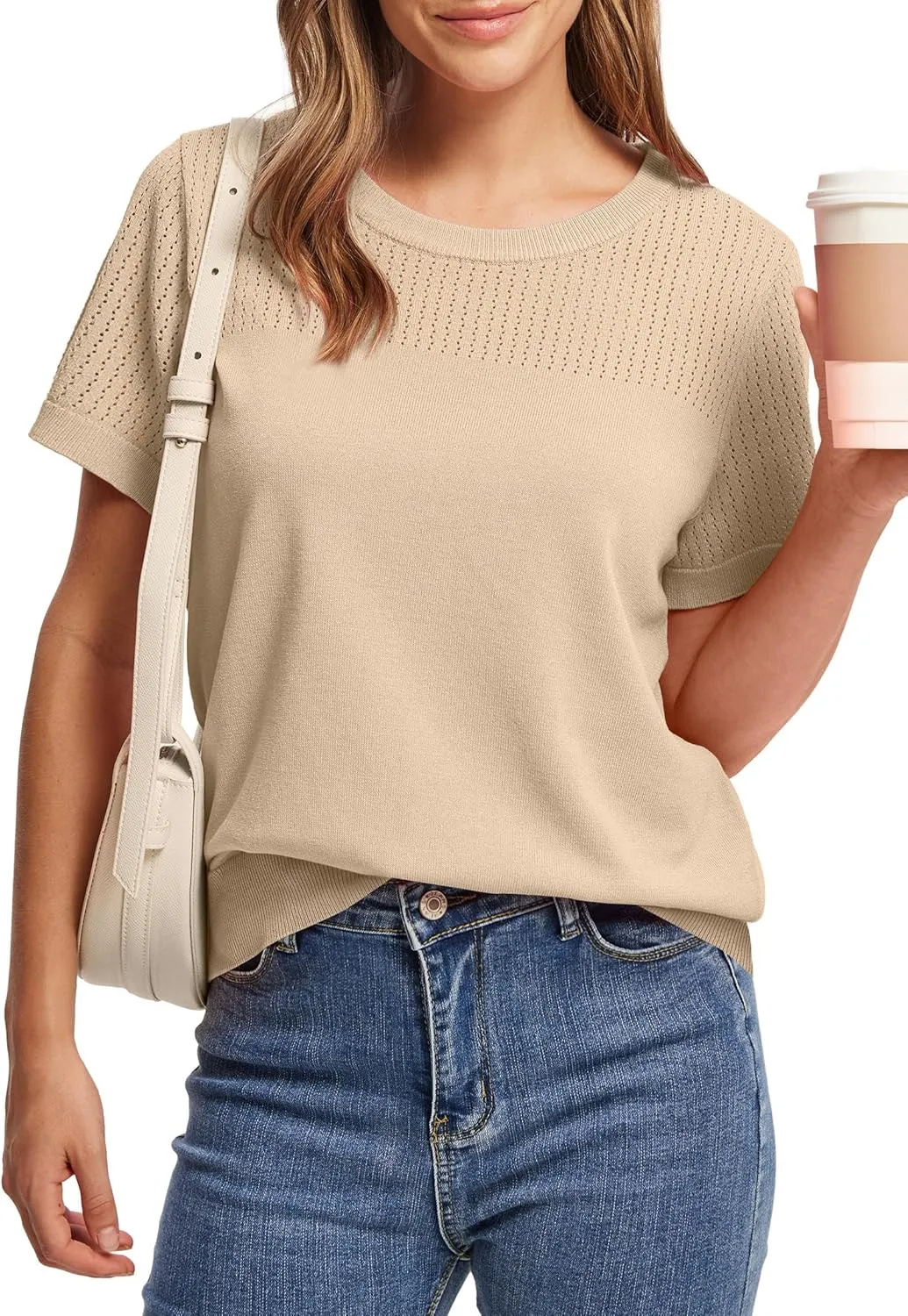 WIHOLL Womens Short Sleeve Sweater 2025 Spring Summer Tops Pointelle Knit Business Casual Outfits Work Blouses Clothes