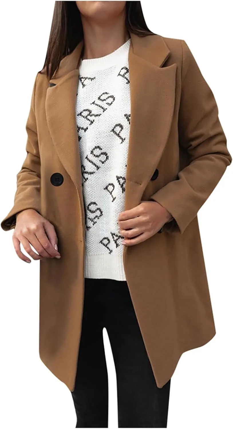 Winter Coats for Women 2024 Fall Wool Trench Coats Double Breasted Notch Lapel Casual Pea Coat Overcoats