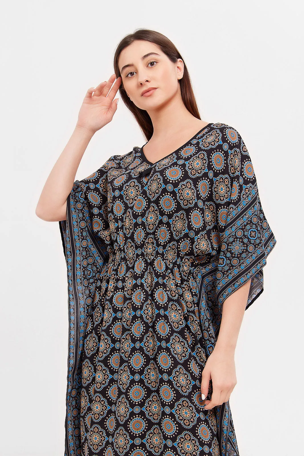 Women Black Printed Kaftan Nightgown