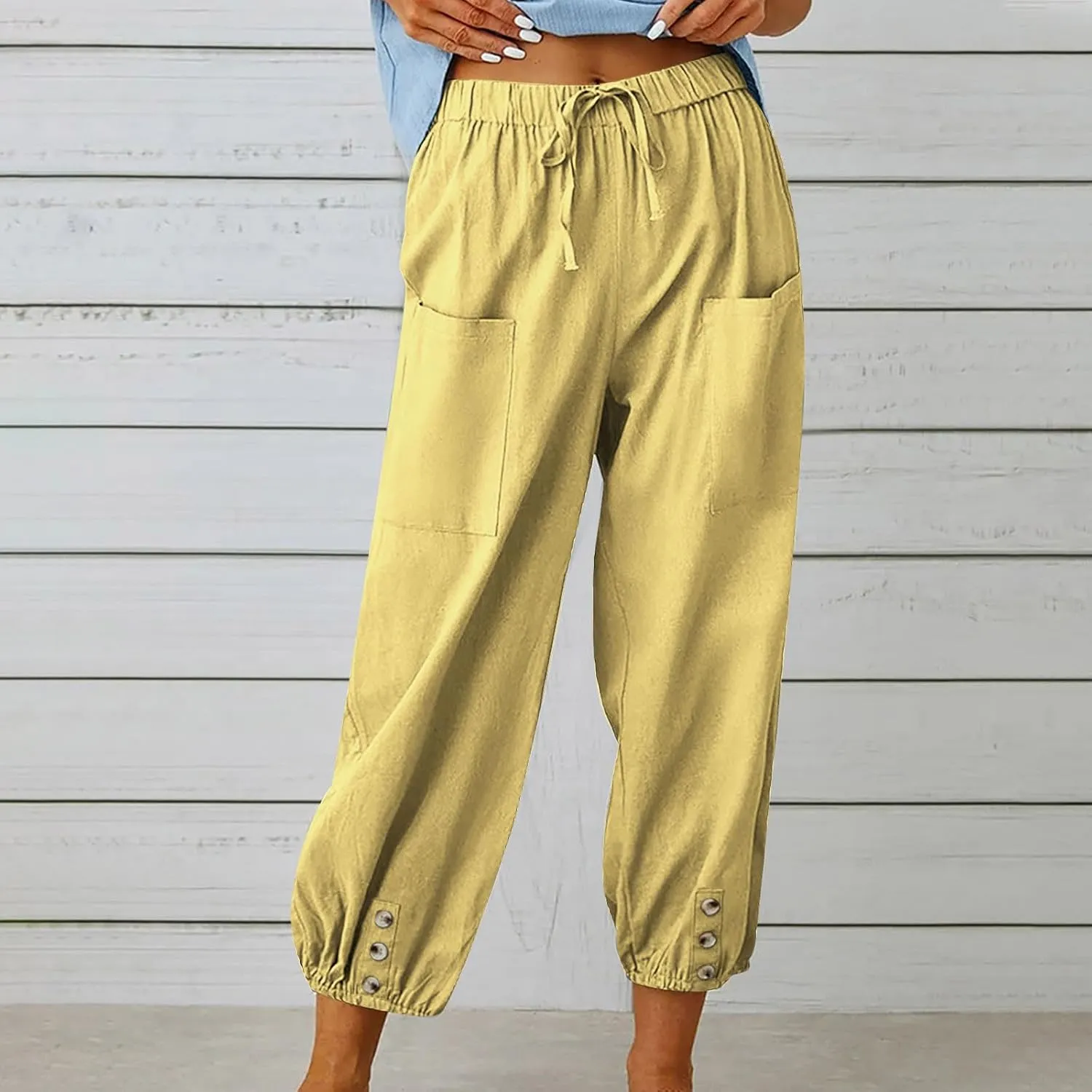 Women Capri Pants Casual Drawstring Elastic High Waist Baggy Cinch Bottom Pants Cropped Pants Trousers for Ladies