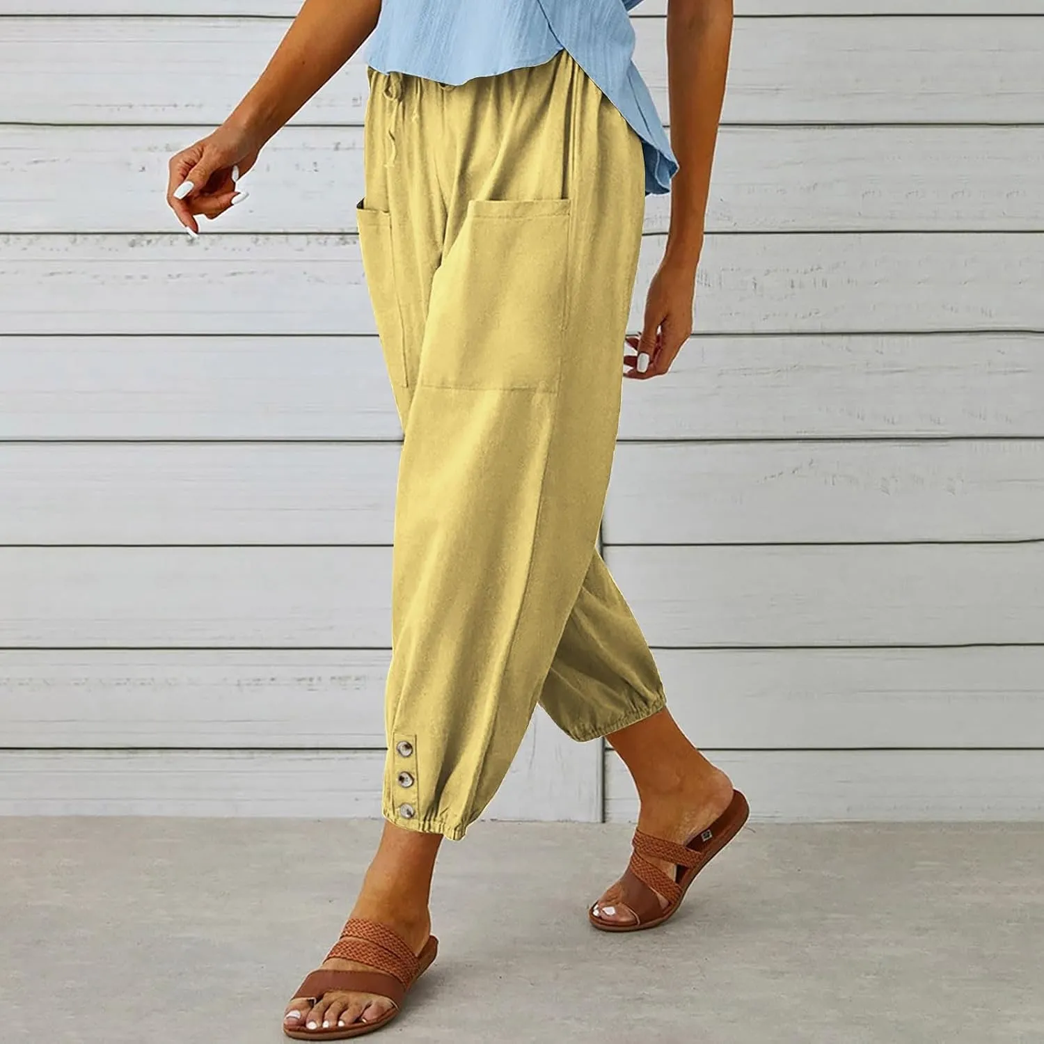 Women Capri Pants Casual Drawstring Elastic High Waist Baggy Cinch Bottom Pants Cropped Pants Trousers for Ladies
