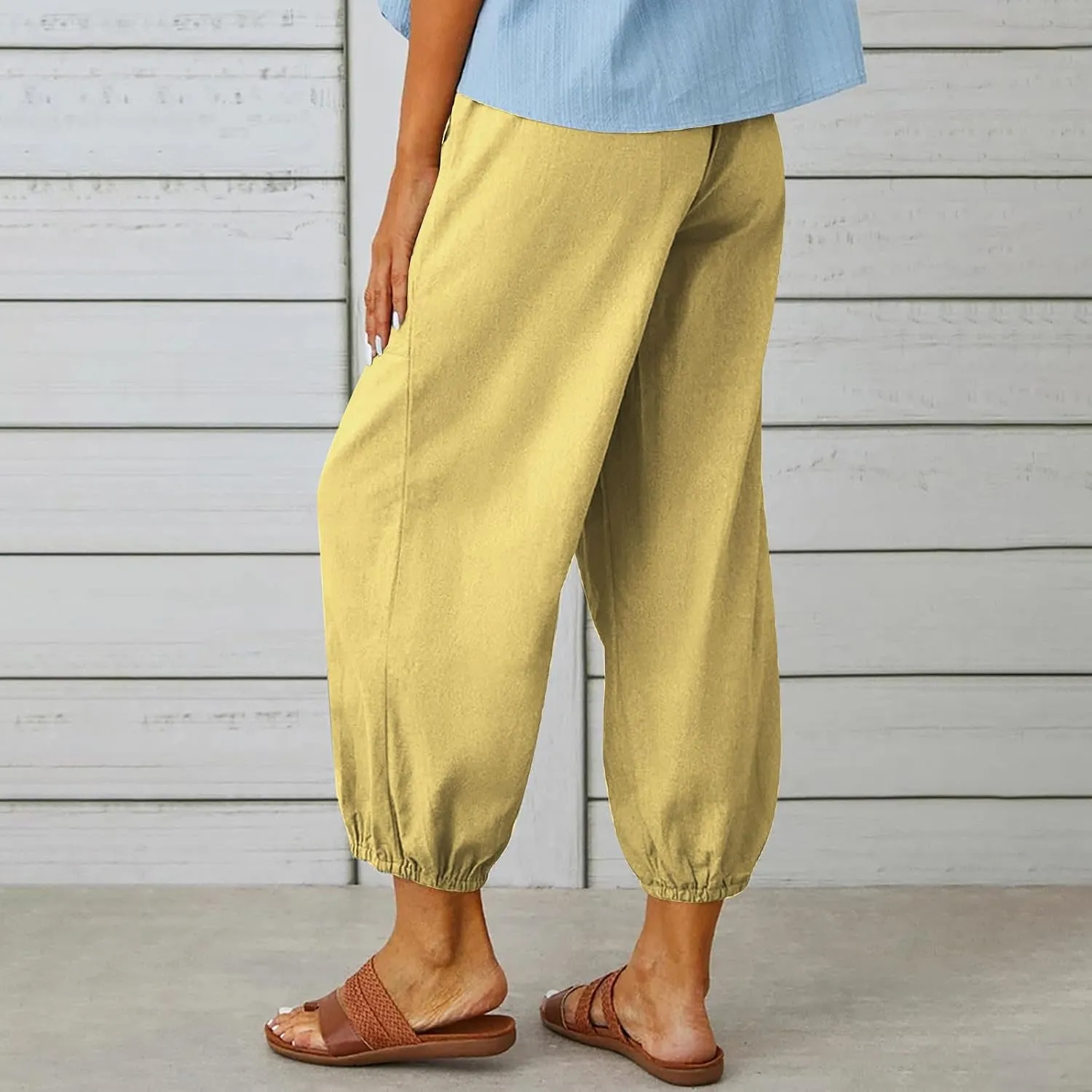 Women Capri Pants Casual Drawstring Elastic High Waist Baggy Cinch Bottom Pants Cropped Pants Trousers for Ladies