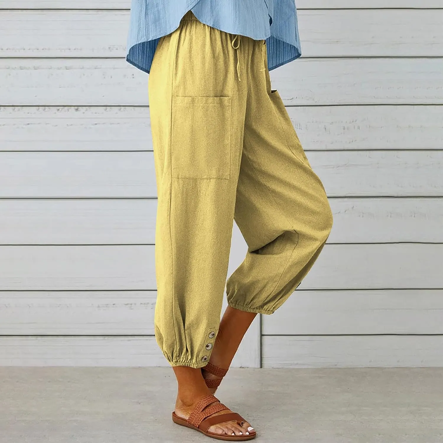 Women Capri Pants Casual Drawstring Elastic High Waist Baggy Cinch Bottom Pants Cropped Pants Trousers for Ladies