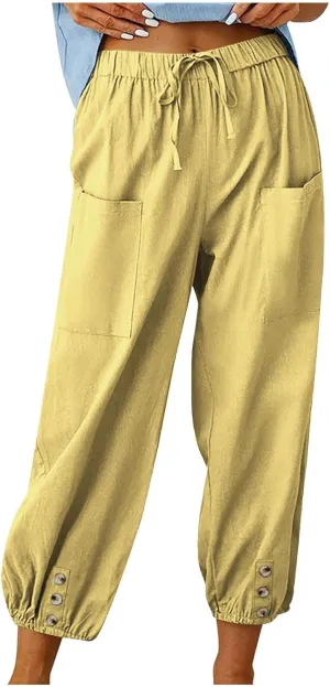 Women Capri Pants Casual Drawstring Elastic High Waist Baggy Cinch Bottom Pants Cropped Pants Trousers for Ladies