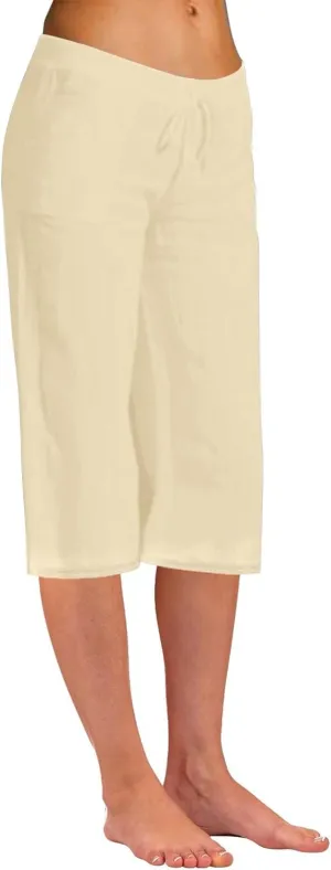Women Fashion Solid Color Cotton Elastic Long Pants Beach Leisure Trousers Crop Length Pants Linen