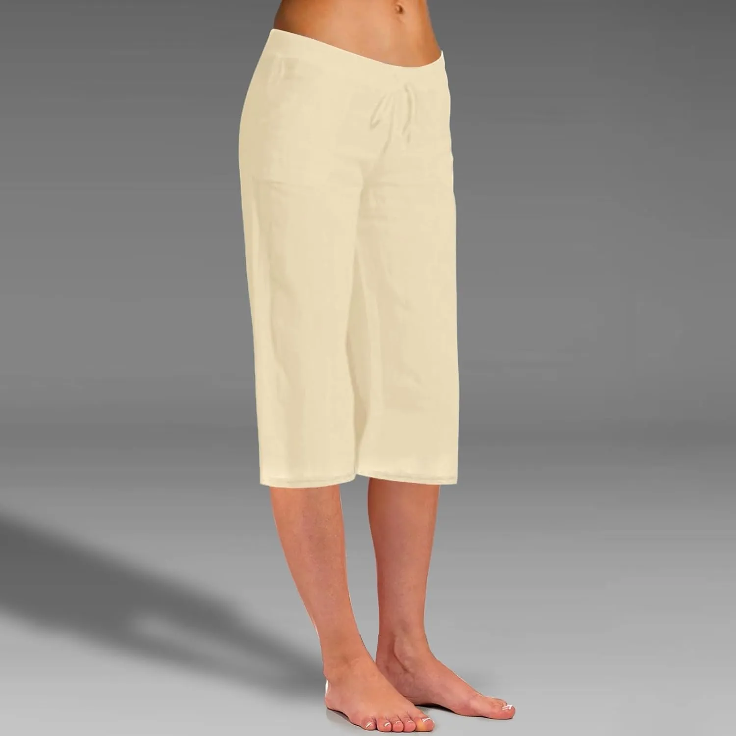 Women Fashion Solid Color Cotton Elastic Long Pants Beach Leisure Trousers Crop Length Pants Linen