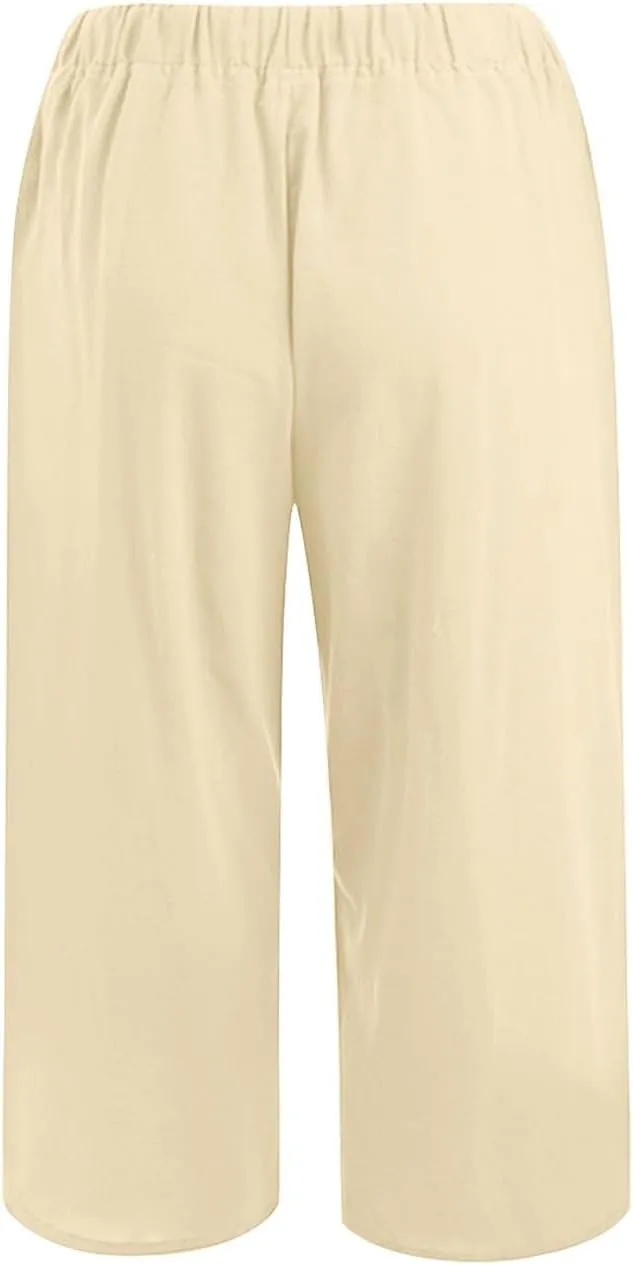 Women Fashion Solid Color Cotton Elastic Long Pants Beach Leisure Trousers Crop Length Pants Linen